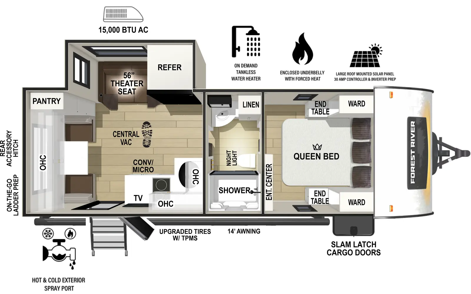 The RP-198 has one slideout and one entry. Exterior features slam latch cargo doors, upgraded tires with TPMS, 14 foot awning, hot and cold spray port, on-the-go ladder prep, rear accessory hitch, on demand tankless water heater, 15,000 BTU air conditioner, enclosed underbelly with forced heat, and large roof mounted solar panel 30 amp controller & inverter prep. Interior layout front to back: foot-facing queen bed with wardrobe and end tables on each side, and entertainment center along inner wall; full pass-through bathroom with linen closet and night light; kitchen counter wraps along inner wall to door side with overhead cabinet, sink, cooktop, convection microwave, TV, and entry; off-door side slideout with refrigerator and theater seat; rear dinette, pantry, and overhead cabinet.